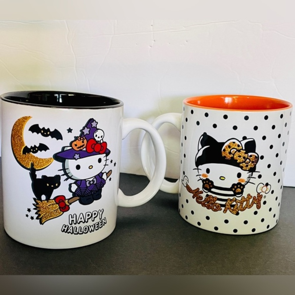 Sanrio Hello Kitty Halloween Glitter Ceramic Mugs Kitty & Witch NEW set NEW